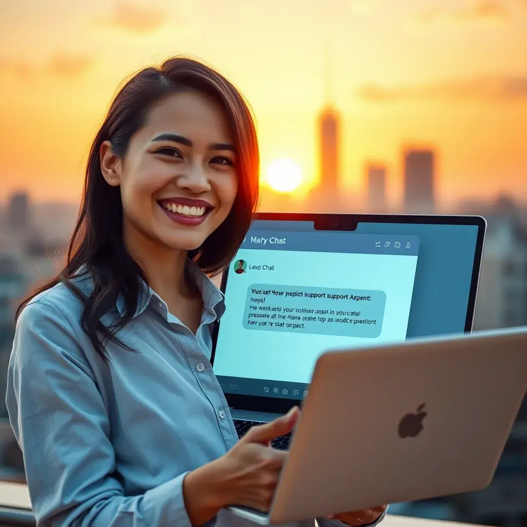 A happy customer smiling and holding a laptop, showing a live chat window with a positive message from a support agent. The background features a cityscape with a bright, cheerful sunset, highlighting the feeling of satisfaction.
